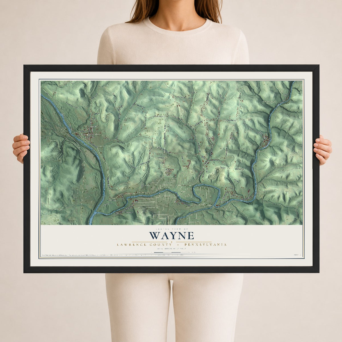 Map of Wayne, Lawrence County, Pennsylvania, 24 x 36 inch print in a black wood frame