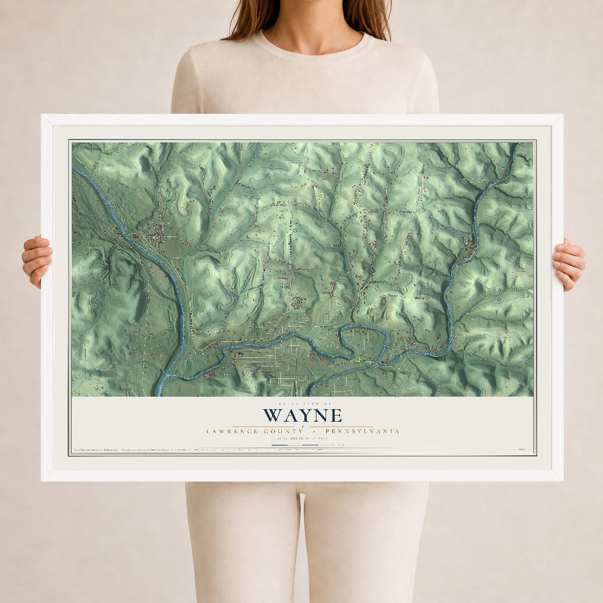 Map of Wayne, Lawrence County, Pennsylvania, 24 x 36 inch print in a white wood frame