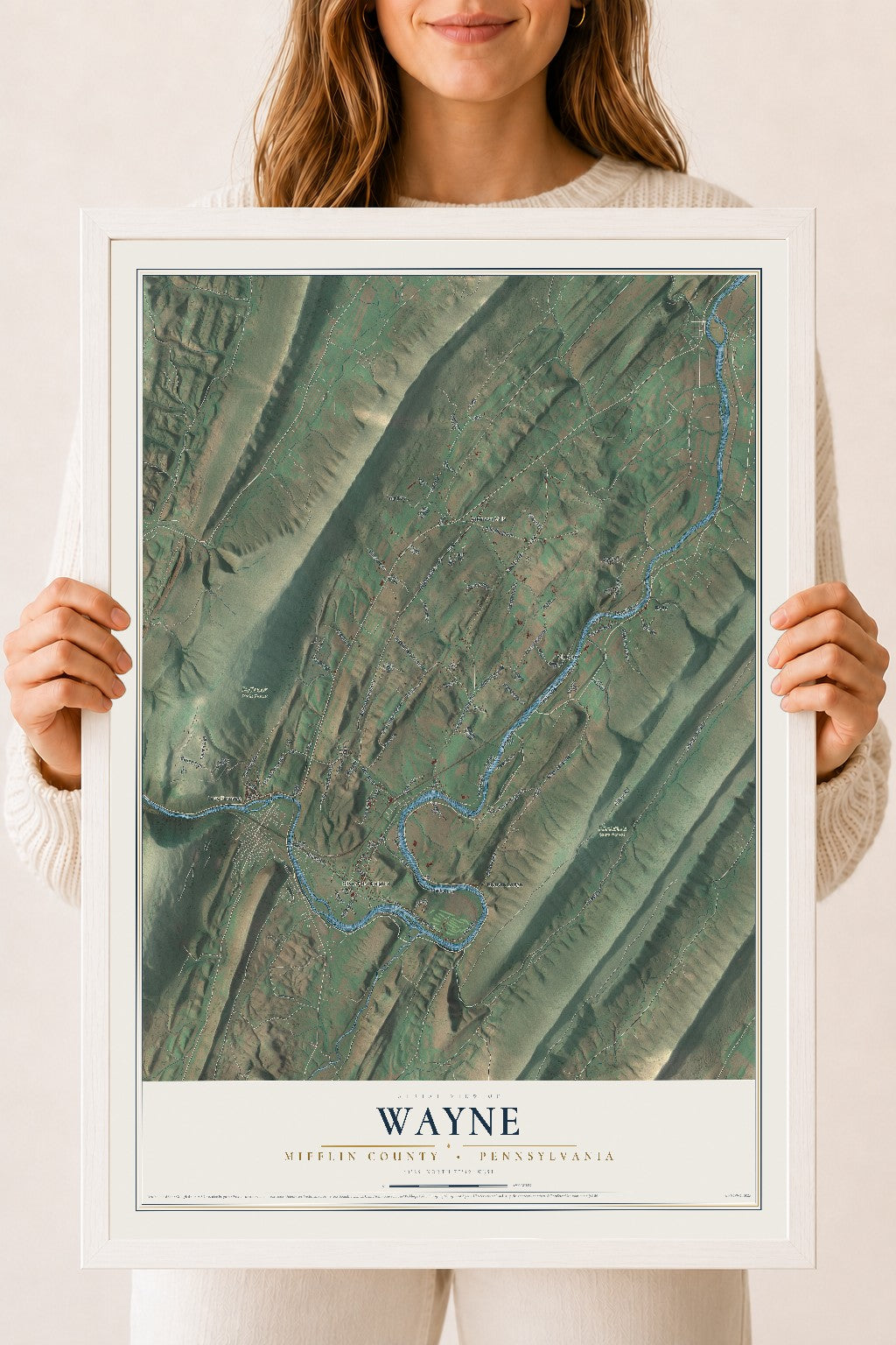 Map of Wayne, Mifflin County, Pennsylvania, 18 x 24 inch print in a white wood frame