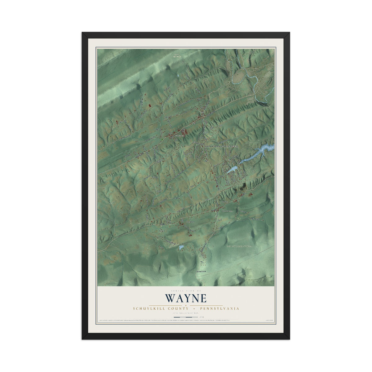 Map of Wayne, Schuylkill County, Pennsylvania, 12 x 18 inch print in a black wood frame