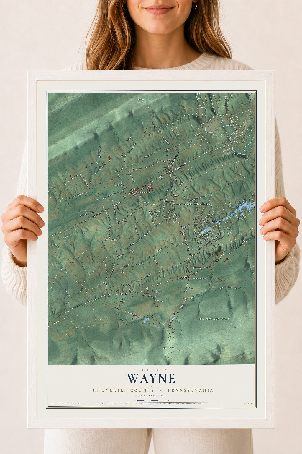 Map of Wayne, Schuylkill County, Pennsylvania, 18 x 24 inch print in a white wood frame