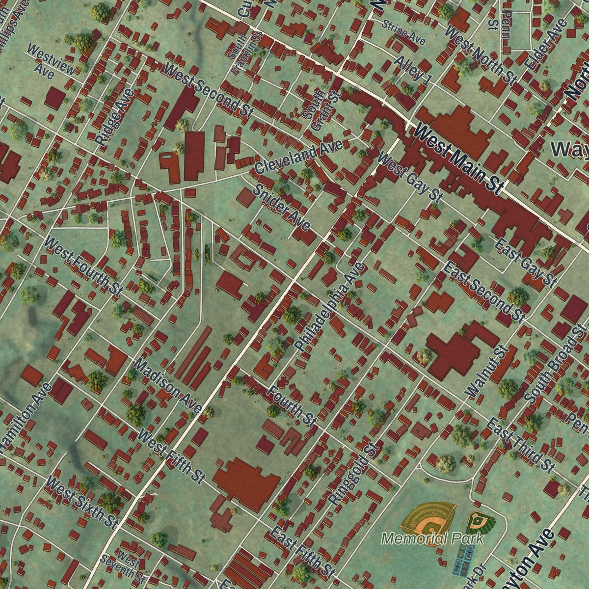 Close-up of the map of Waynesboro, Pennsylvania print showing street and building detail