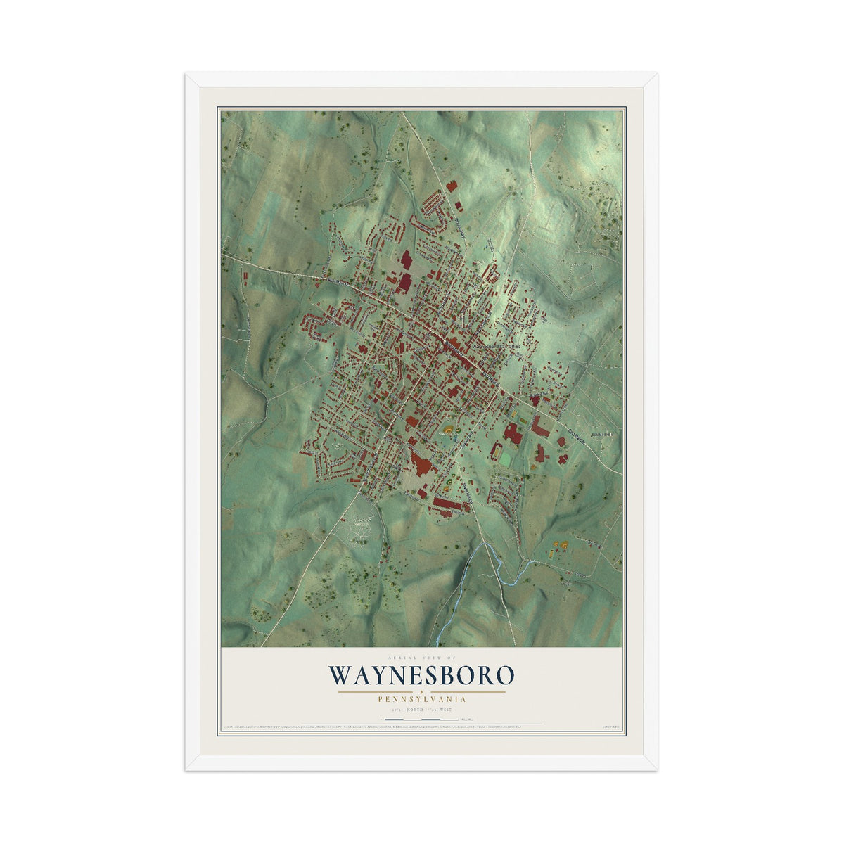 Map of Waynesboro, Pennsylvania, 12 x 18 inch print in a white wood frame