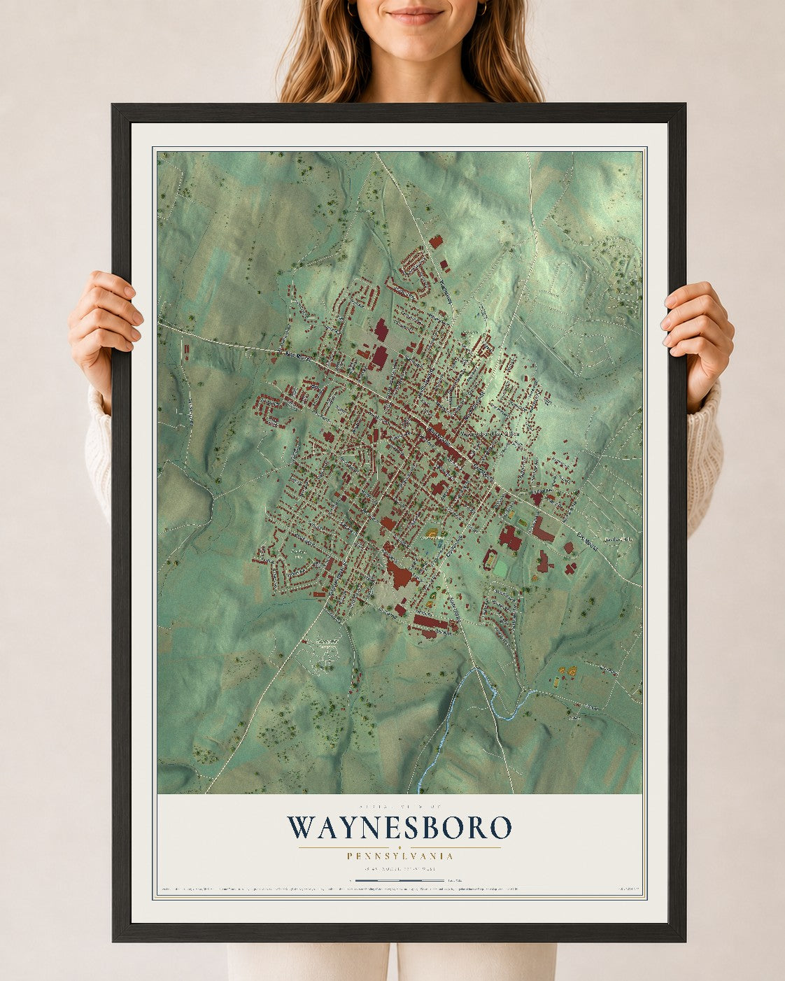 Map of Waynesboro, Pennsylvania, 24 x 36 inch print in a black wood frame