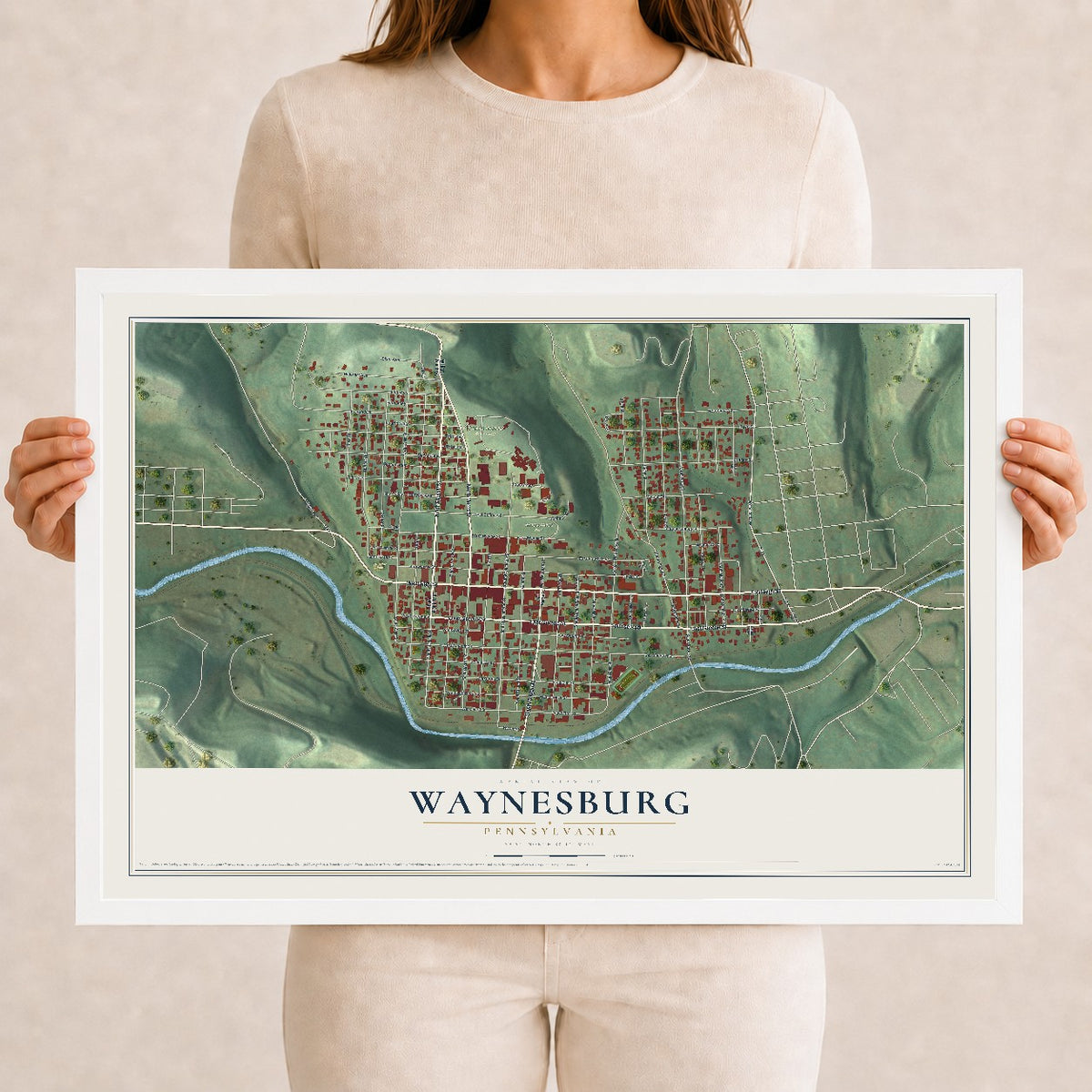 Map of Waynesburg, Pennsylvania, 12 x 18 inch print in a white wood frame