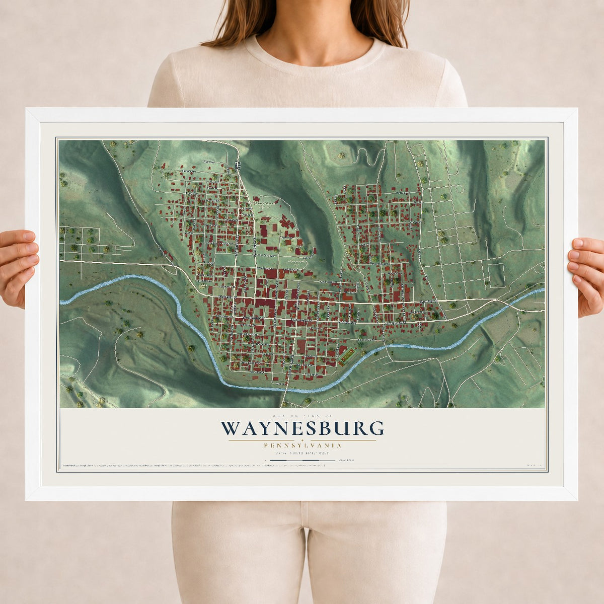 Map of Waynesburg, Pennsylvania, 18 x 24 inch print in a white wood frame