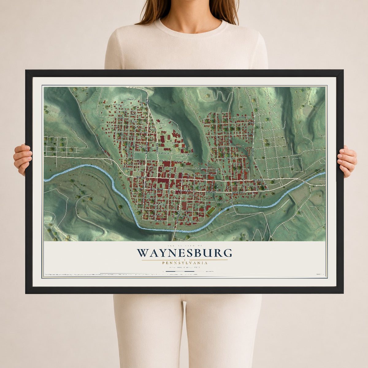 Map of Waynesburg, Pennsylvania, 24 x 36 inch print in a black wood frame