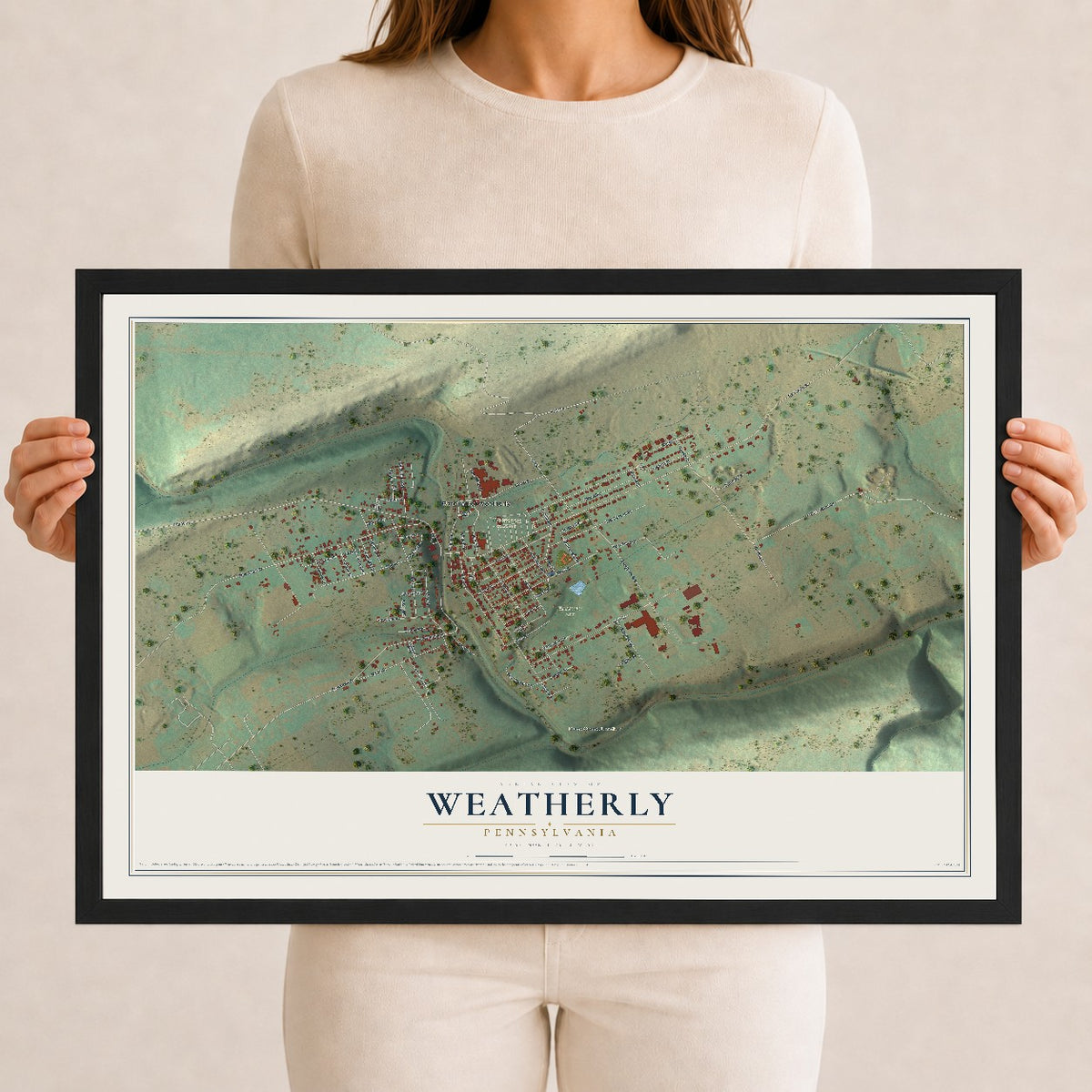Map of Weatherly, Pennsylvania, 12 x 18 inch print in a black wood frame