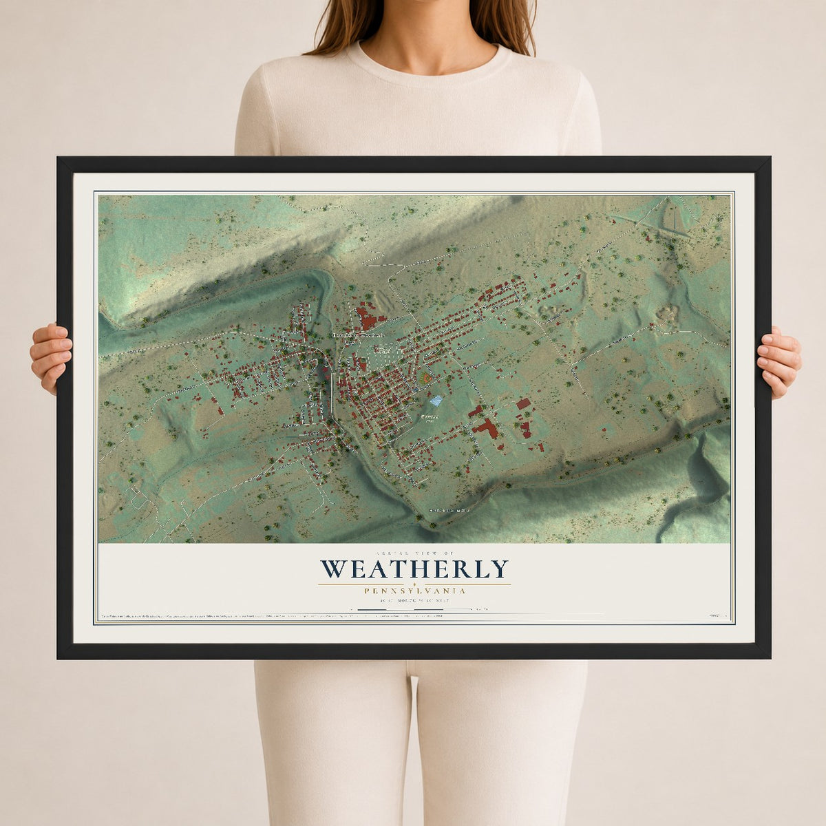 Map of Weatherly, Pennsylvania, 24 x 36 inch print in a black wood frame