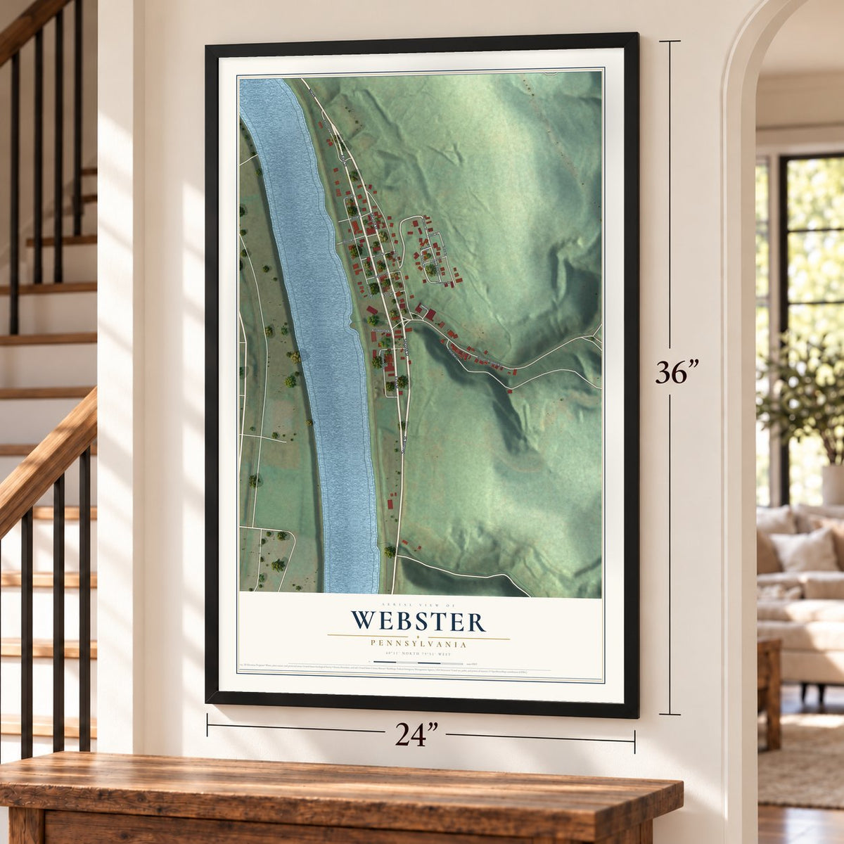 Webster, Pennsylvania map, 24 x 36 inch print in a black frame by a staircase
