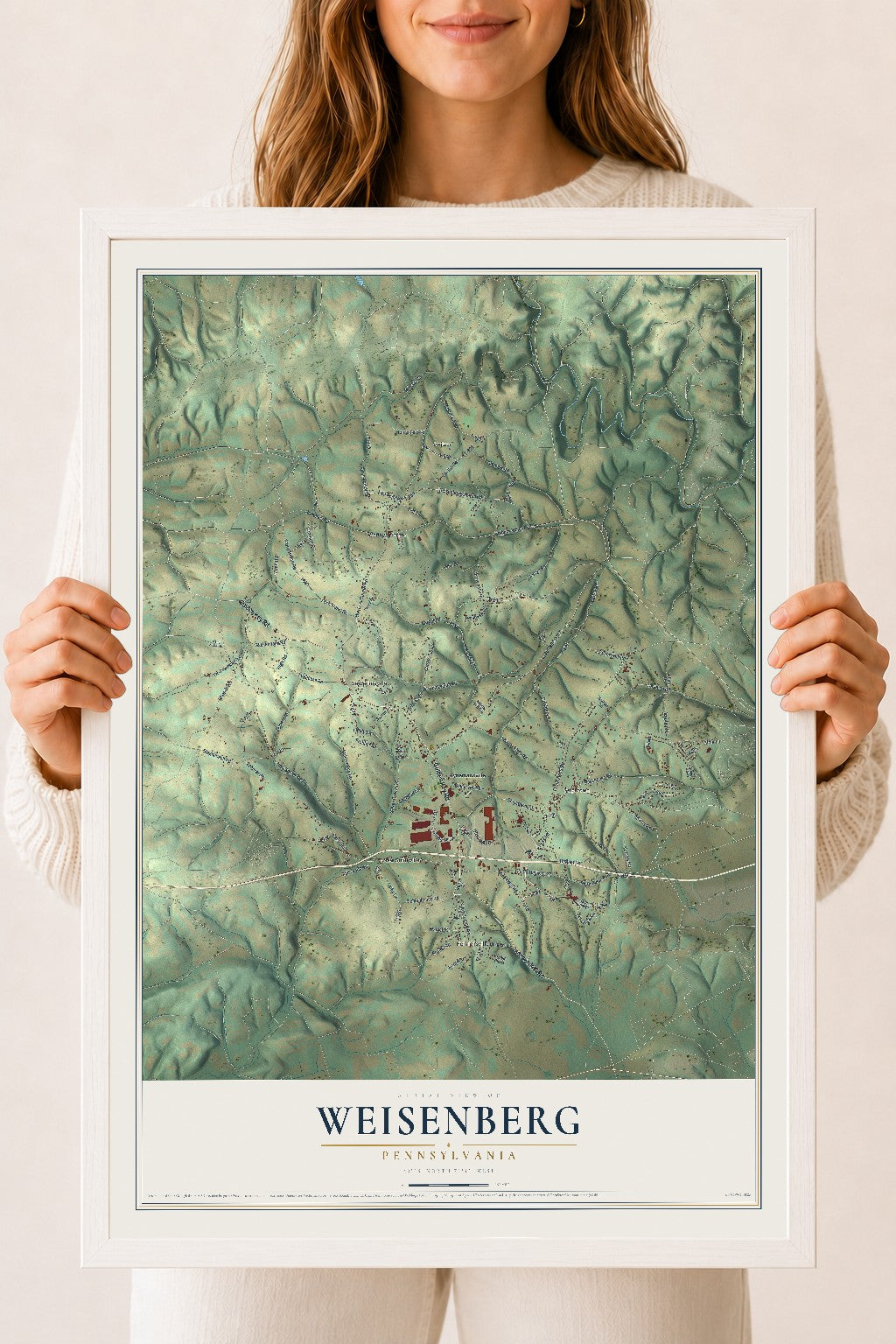 Map of Weisenberg, Pennsylvania, 18 x 24 inch print in a white wood frame