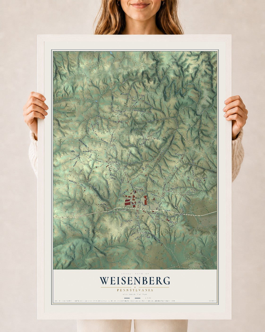 Map of Weisenberg, Pennsylvania, 24 x 36 inch print in a white wood frame