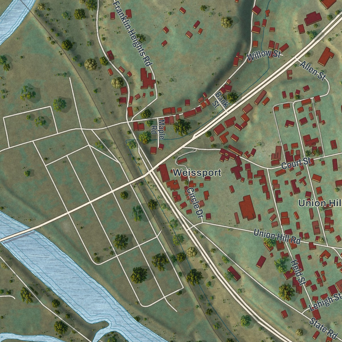 Close-up of the map of Weissport East, Pennsylvania print showing street and building detail