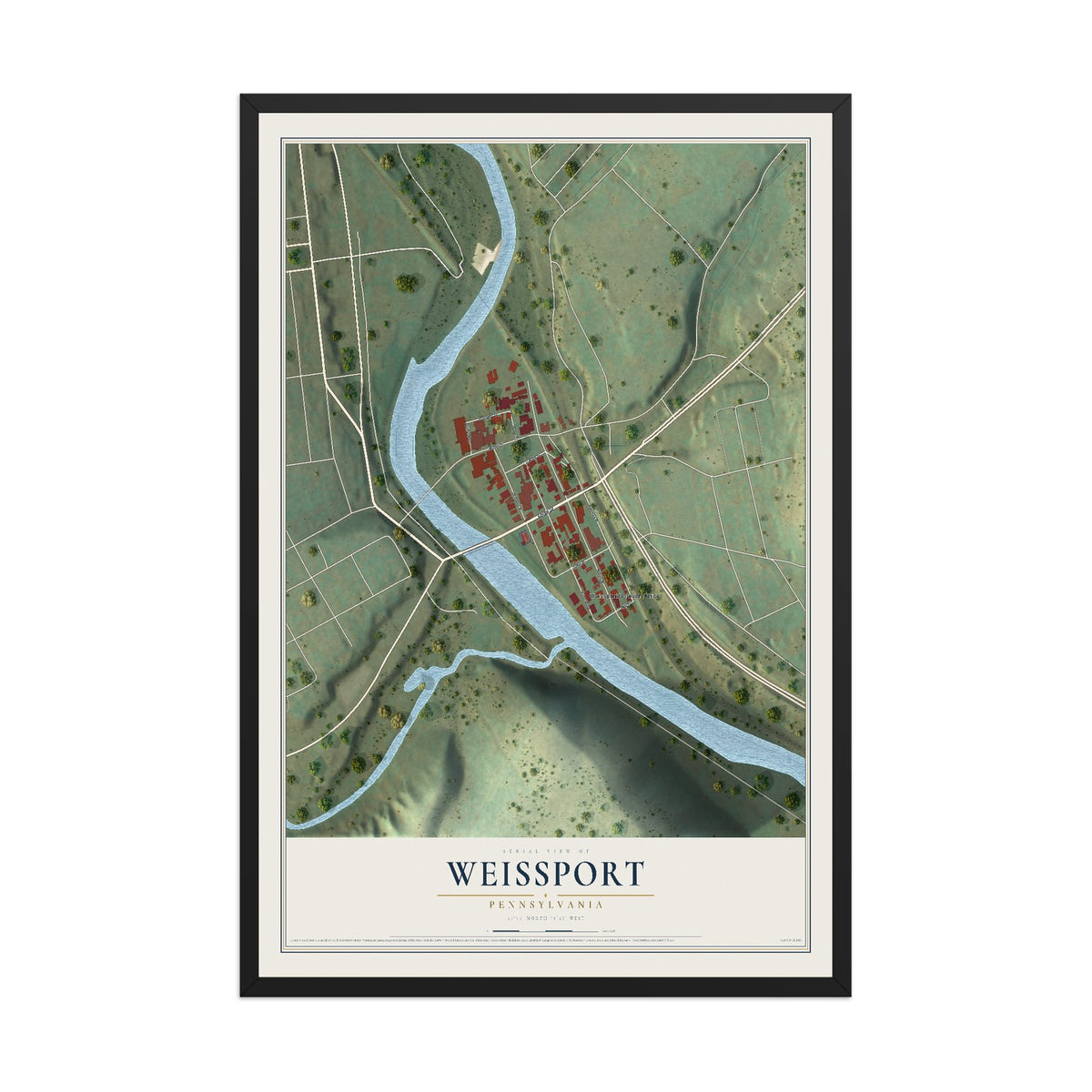 Map of Weissport, Pennsylvania, 12 x 18 inch print in a black wood frame