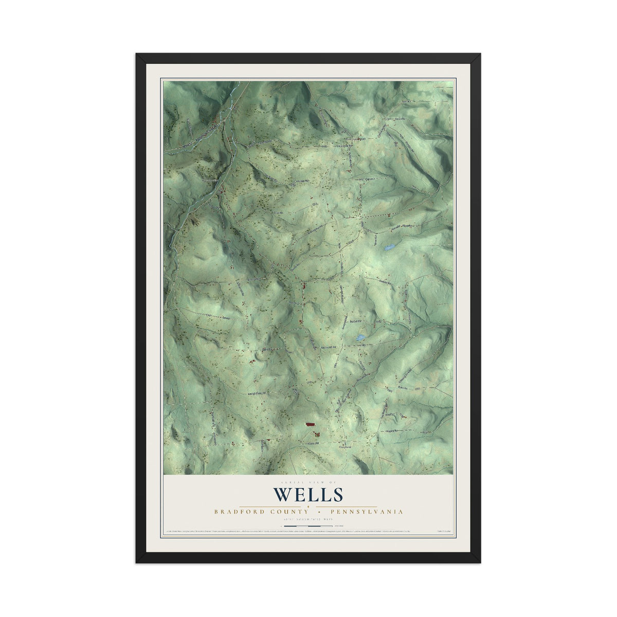 Map of Wells, Bradford County, Pennsylvania, 12 x 18 inch print in a black wood frame
