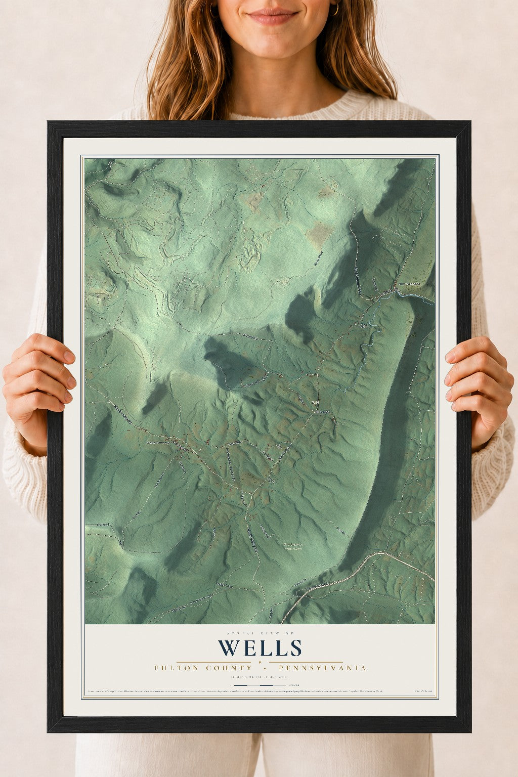 Map of Wells, Fulton County, Pennsylvania, 18 x 24 inch print in a black wood frame
