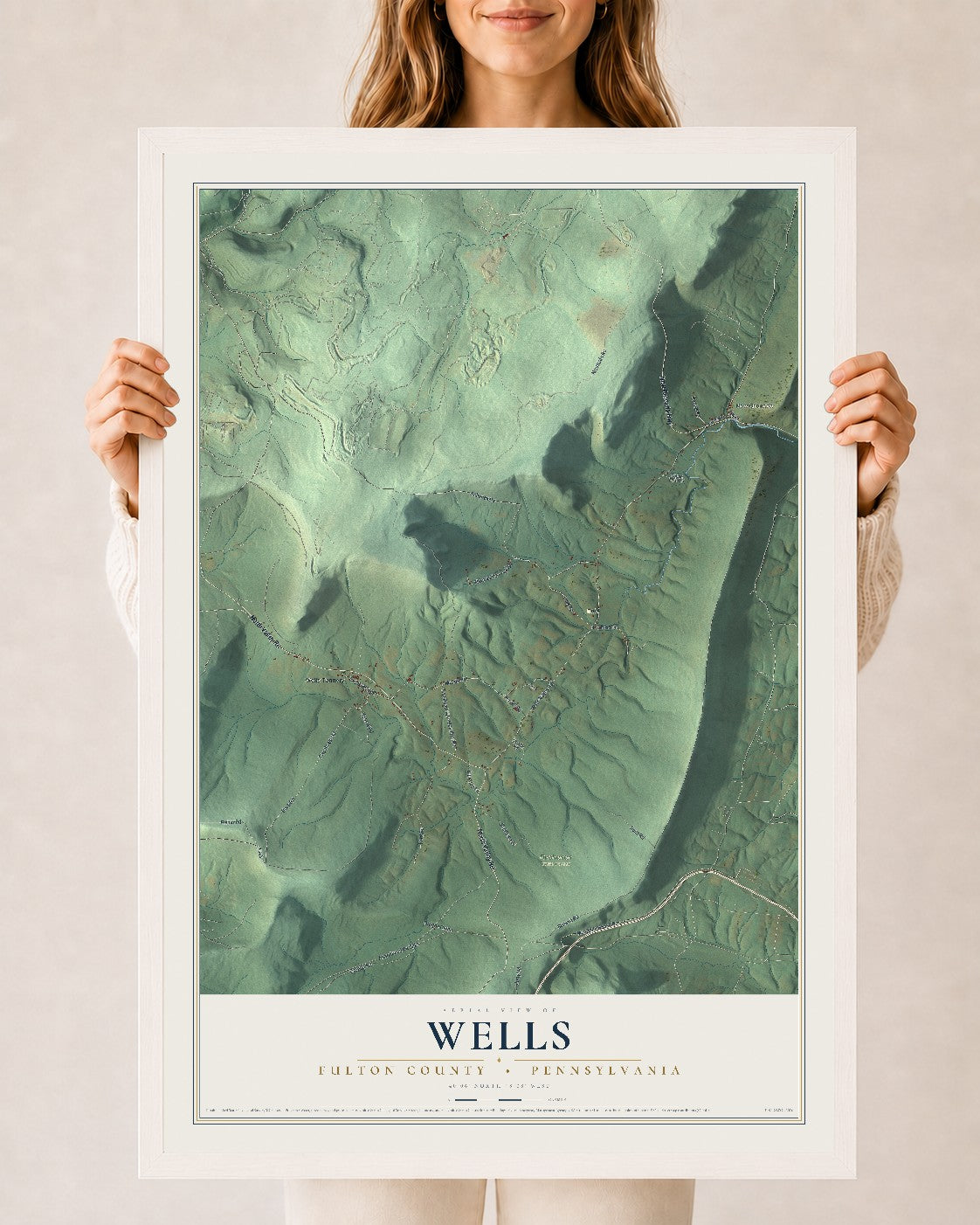 Map of Wells, Fulton County, Pennsylvania, 24 x 36 inch print in a white wood frame
