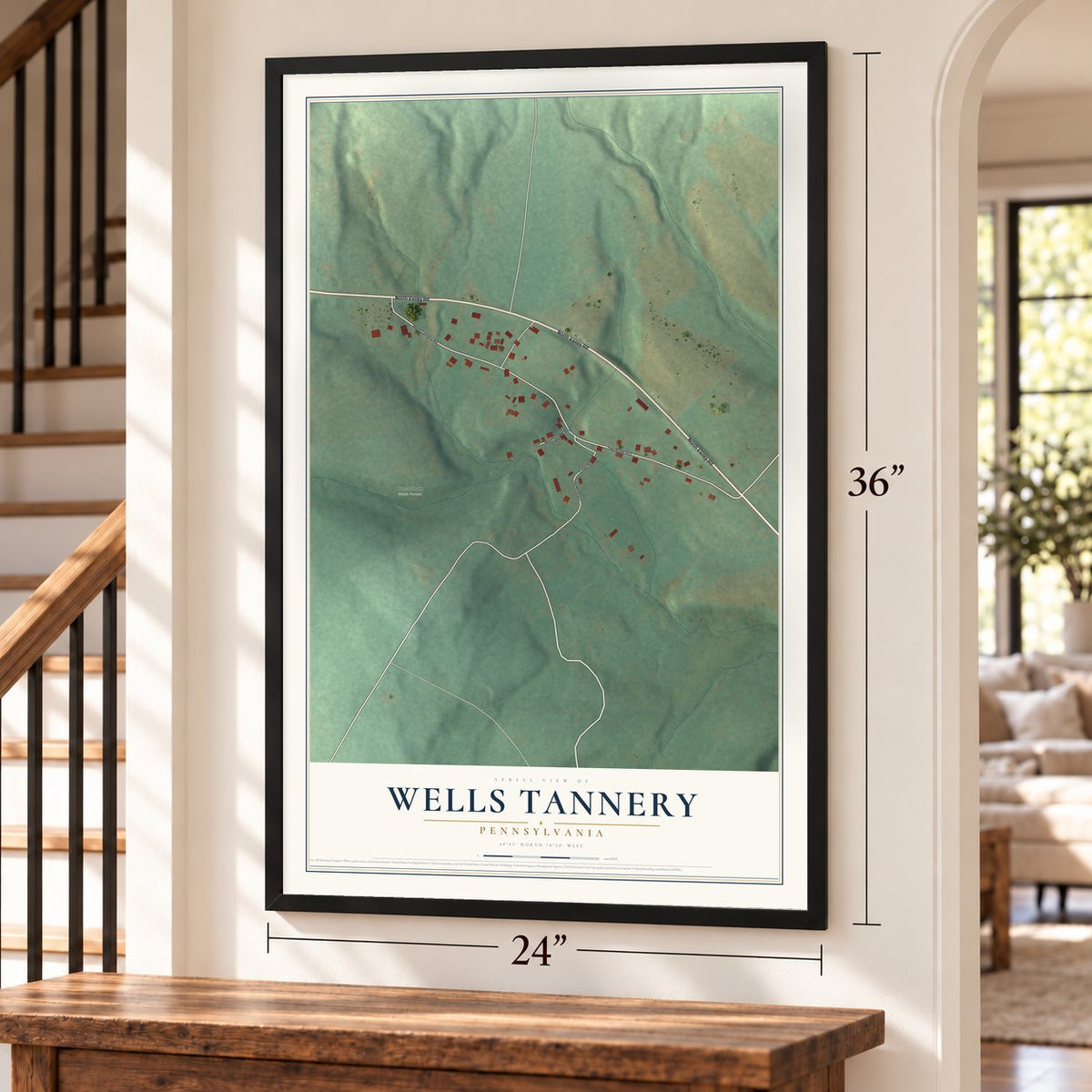 Wells Tannery, Pennsylvania map, 24 x 36 inch print in a black frame by a staircase