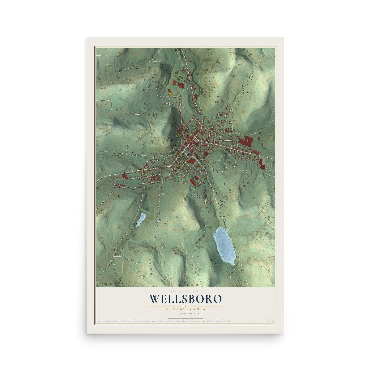 Map of Wellsboro, Pennsylvania, 12 x 18 inch unframed archival matte print