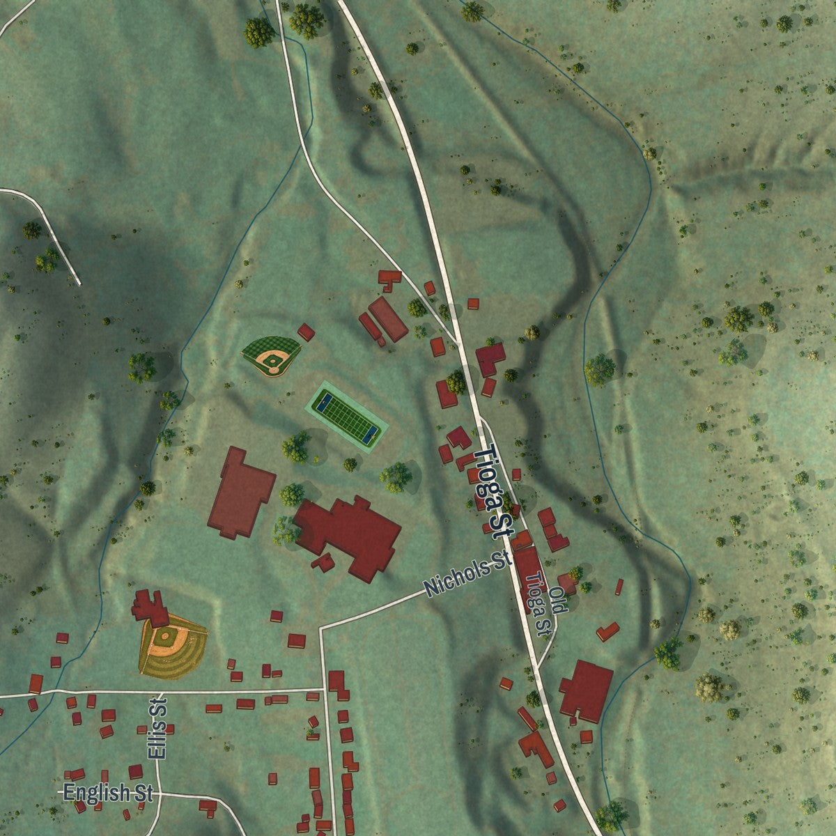 Second close-up of the map of Wellsboro, Pennsylvania print showing more streets and buildings