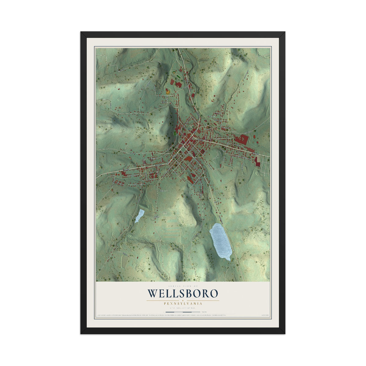 Map of Wellsboro, Pennsylvania, 12 x 18 inch print in a black wood frame