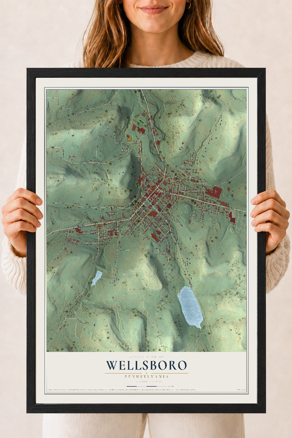 Map of Wellsboro, Pennsylvania, 18 x 24 inch print in a black wood frame