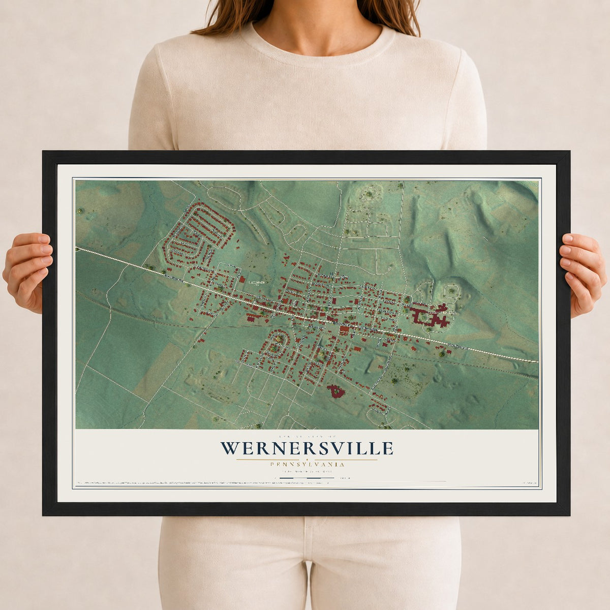 Map of Wernersville, Pennsylvania, 12 x 18 inch print in a black wood frame