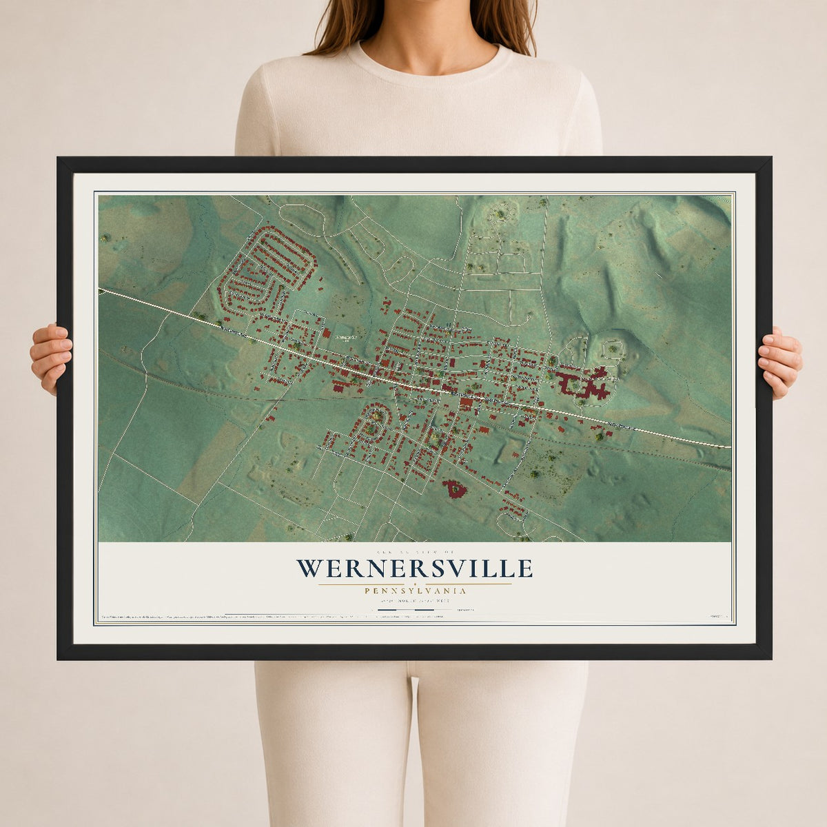 Map of Wernersville, Pennsylvania, 24 x 36 inch print in a black wood frame