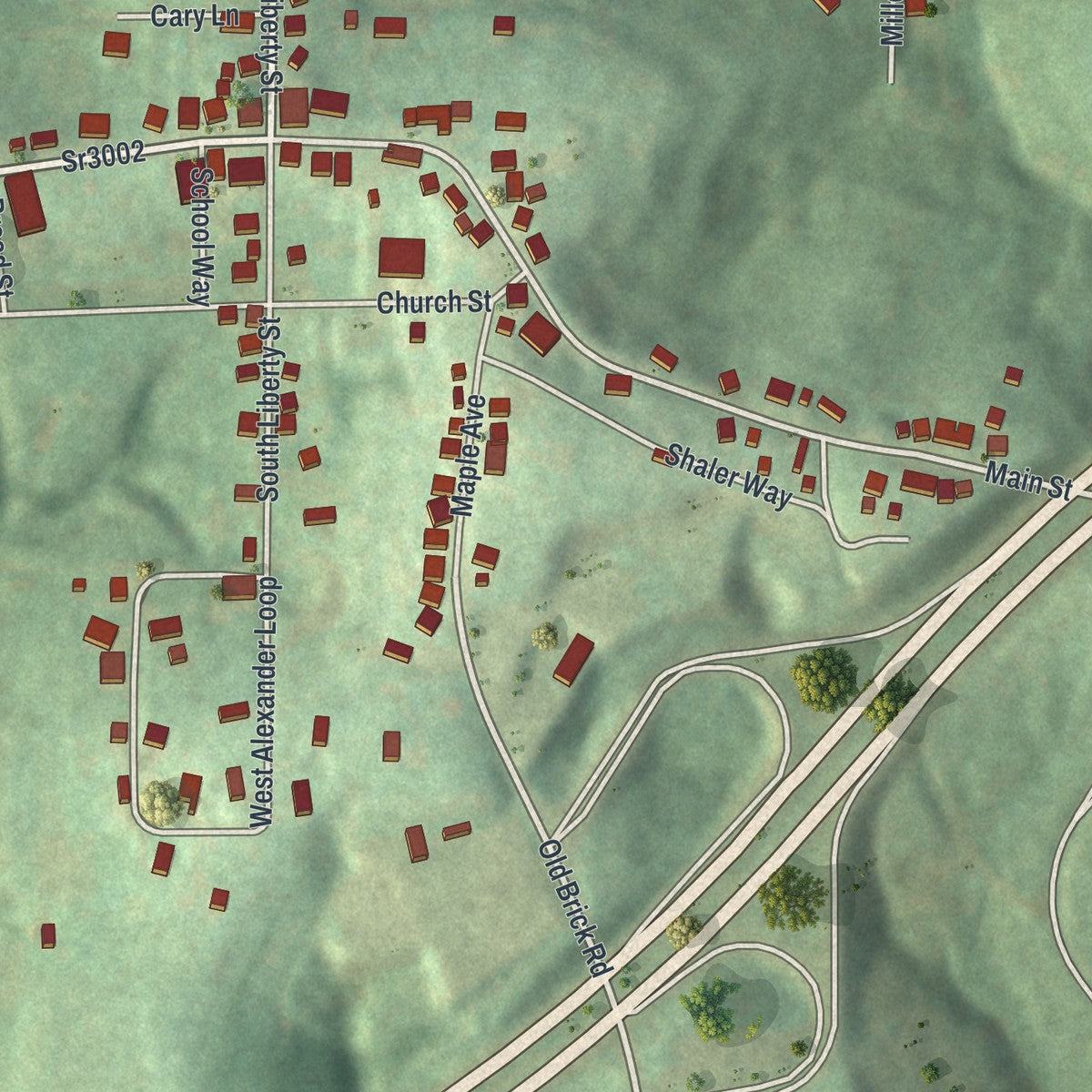 Close-up of the map of West Alexander, Pennsylvania print showing street and building detail