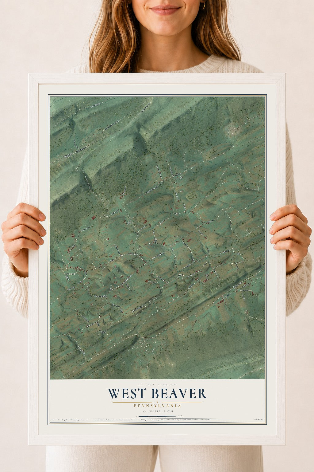 Map of West Beaver, Pennsylvania, 18 x 24 inch print in a white wood frame