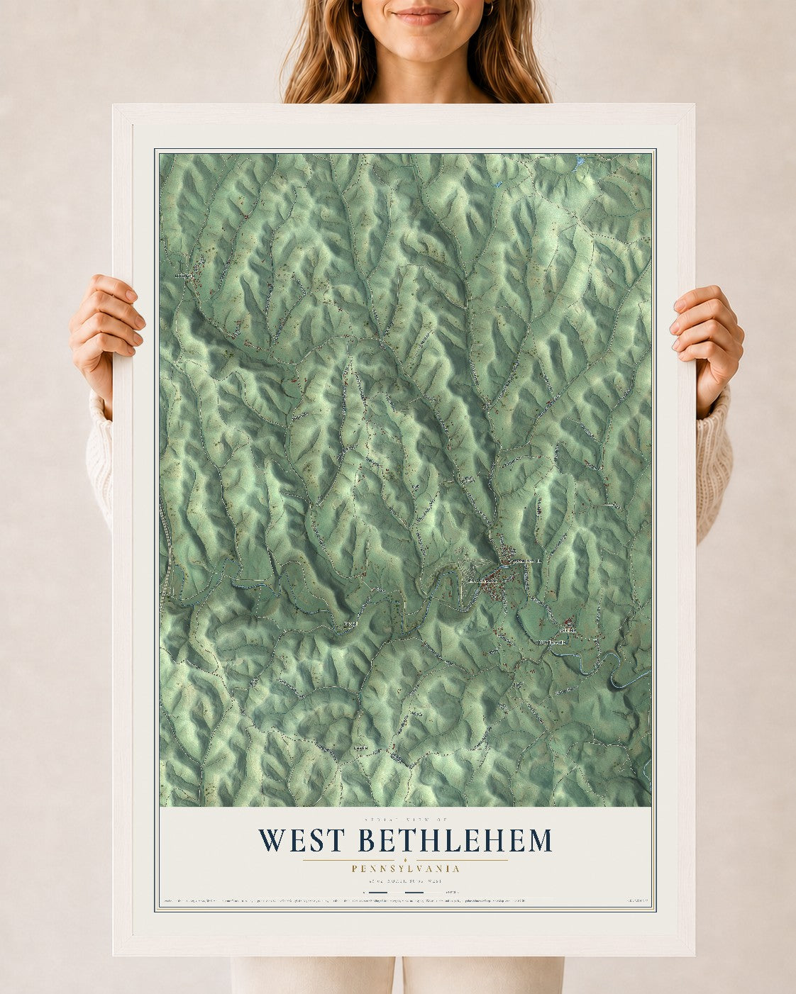 Map of West Bethlehem, Pennsylvania, 24 x 36 inch print in a white wood frame