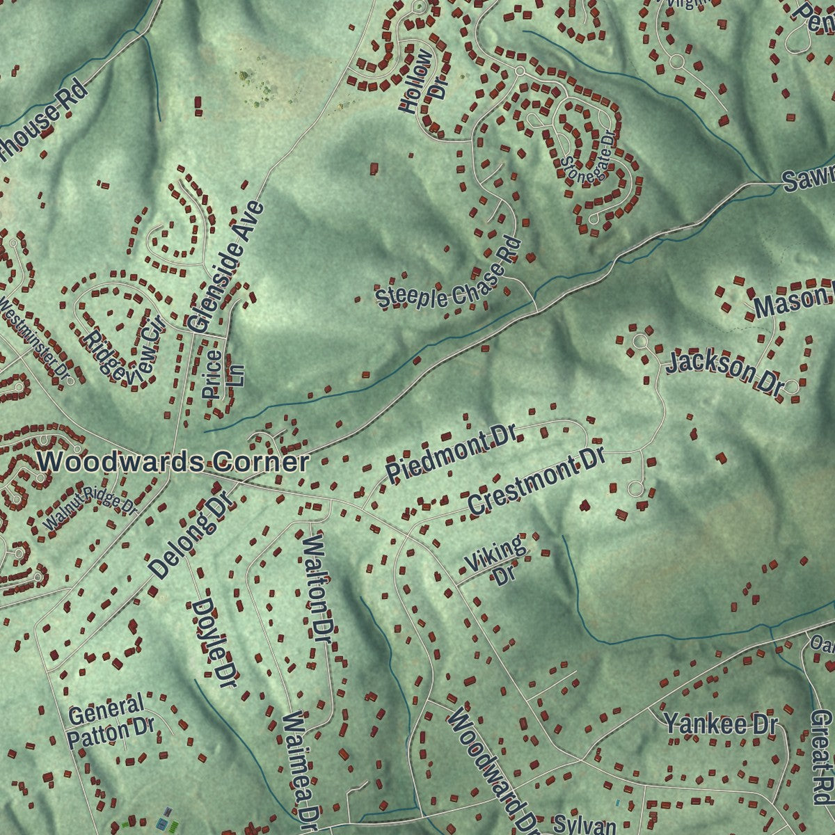 Close-up of the map of West Bradford, Pennsylvania print showing street and building detail