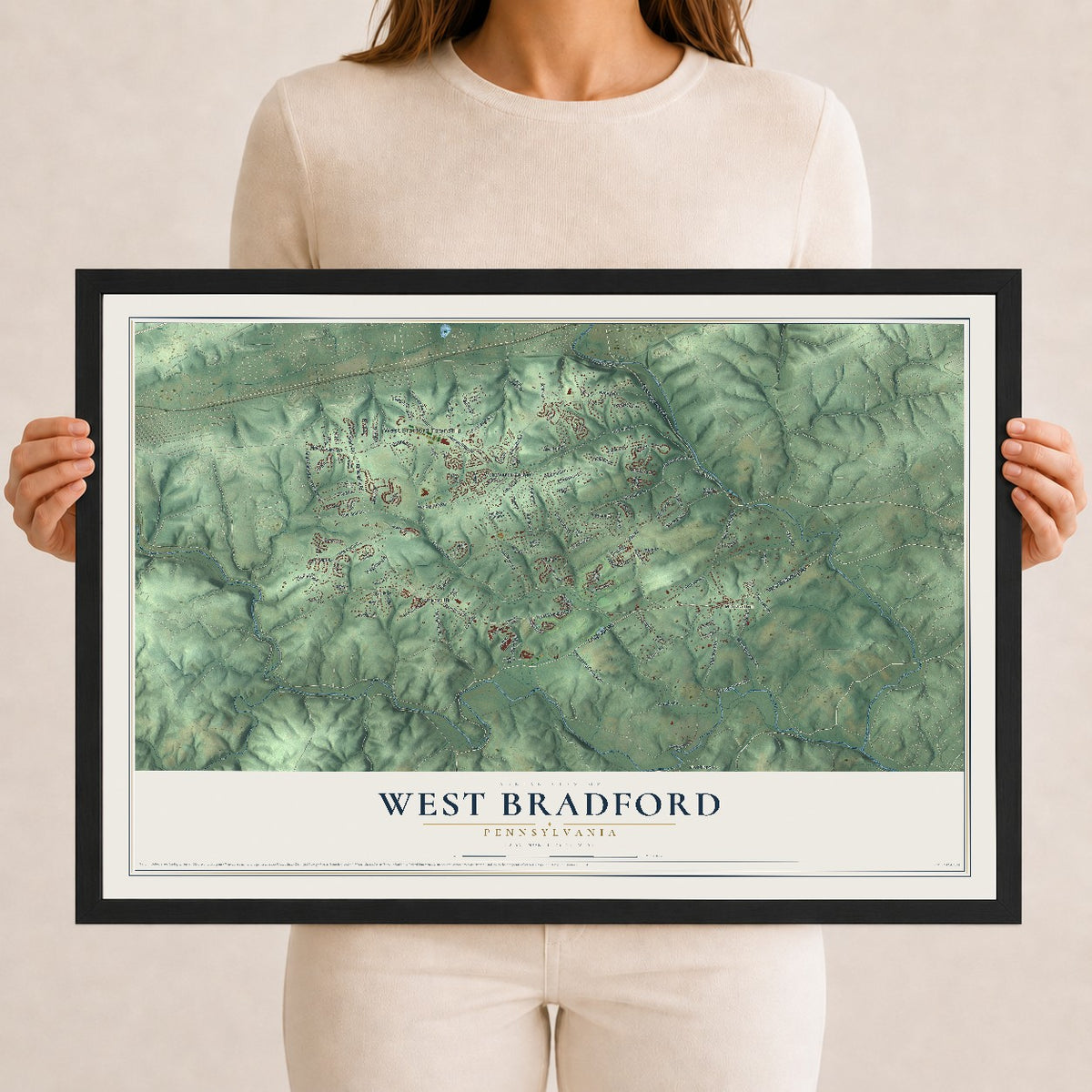 Map of West Bradford, Pennsylvania, 12 x 18 inch print in a black wood frame