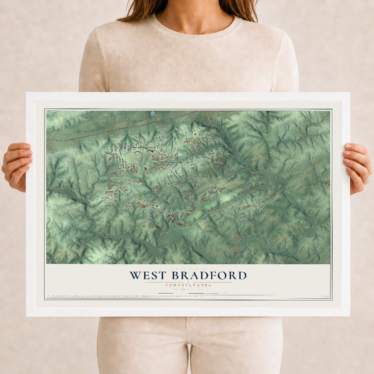 Map of West Bradford, Pennsylvania, 12 x 18 inch print in a white wood frame