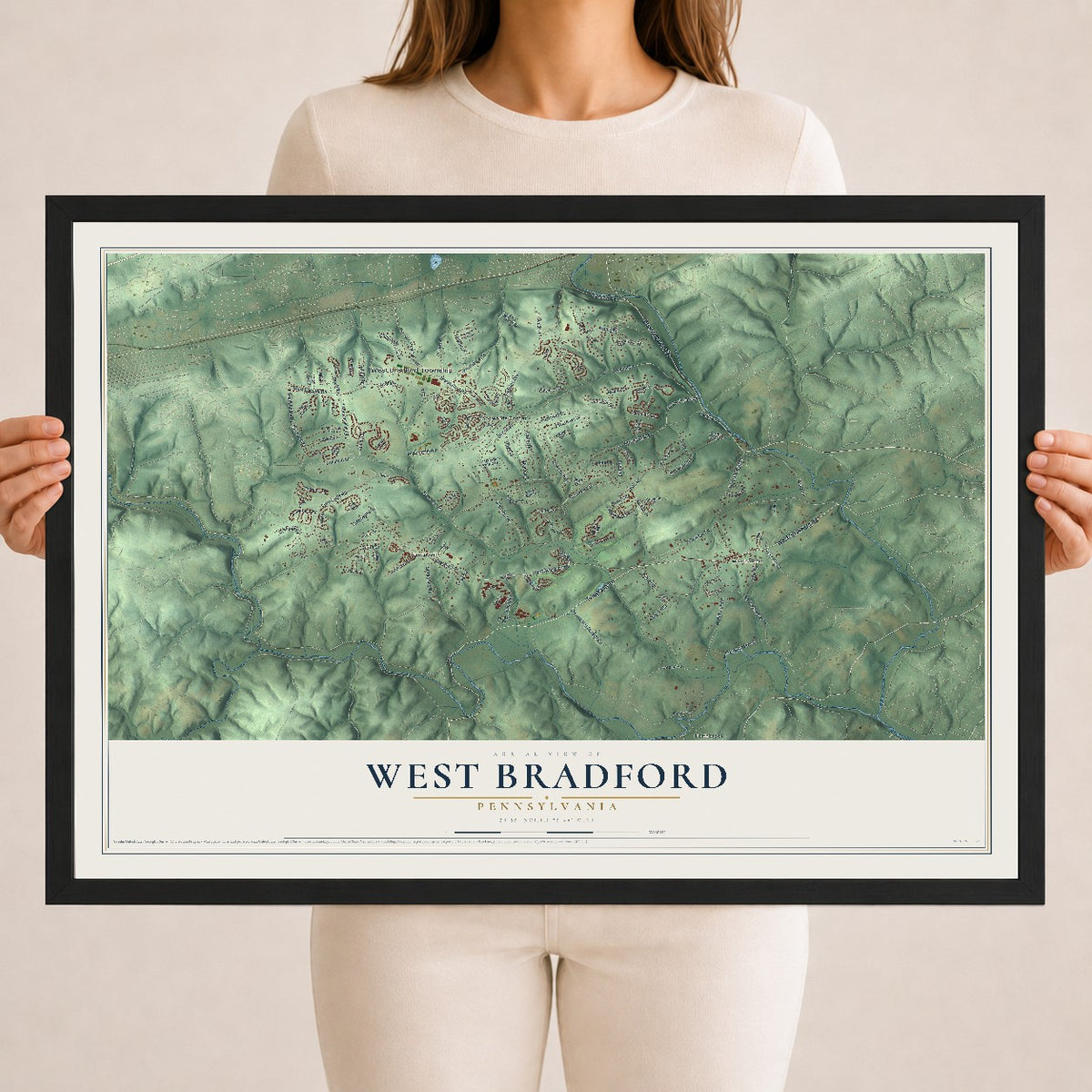 Map of West Bradford, Pennsylvania, 18 x 24 inch print in a black wood frame
