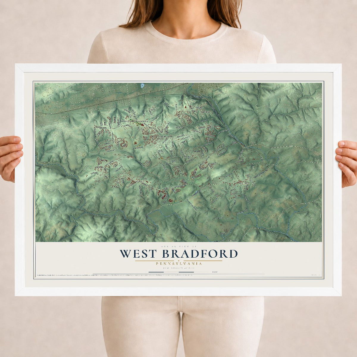 Map of West Bradford, Pennsylvania, 18 x 24 inch print in a white wood frame