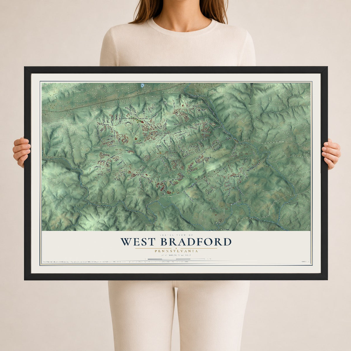 Map of West Bradford, Pennsylvania, 24 x 36 inch print in a black wood frame
