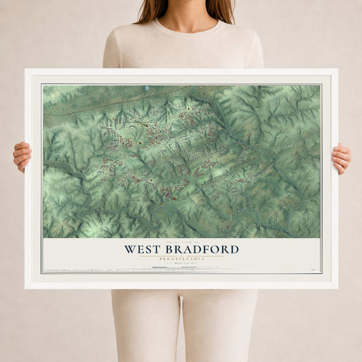 Map of West Bradford, Pennsylvania, 24 x 36 inch print in a white wood frame