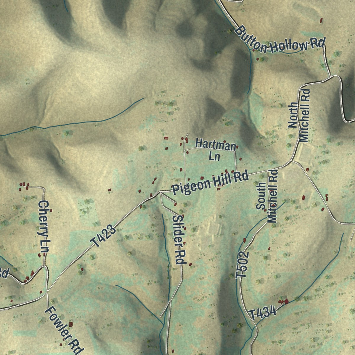 Second close-up of the map of West Branch, Pennsylvania print showing more streets and buildings