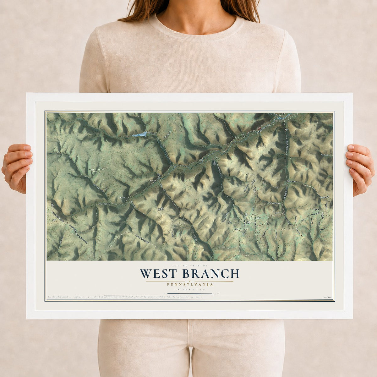 Map of West Branch, Pennsylvania, 12 x 18 inch print in a white wood frame