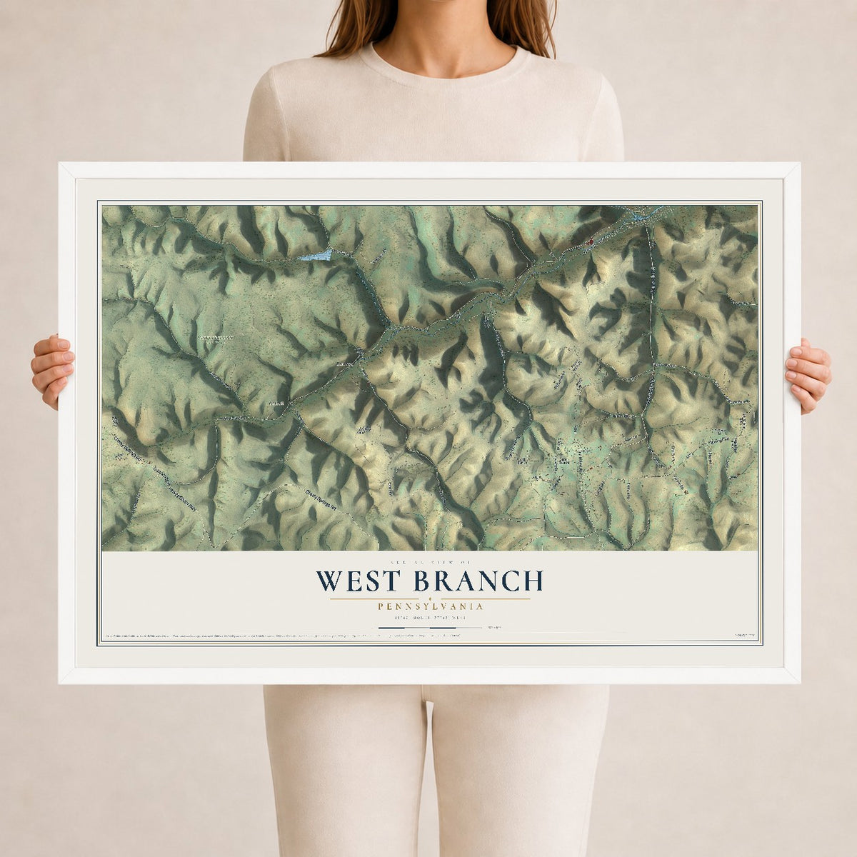 Map of West Branch, Pennsylvania, 24 x 36 inch print in a white wood frame