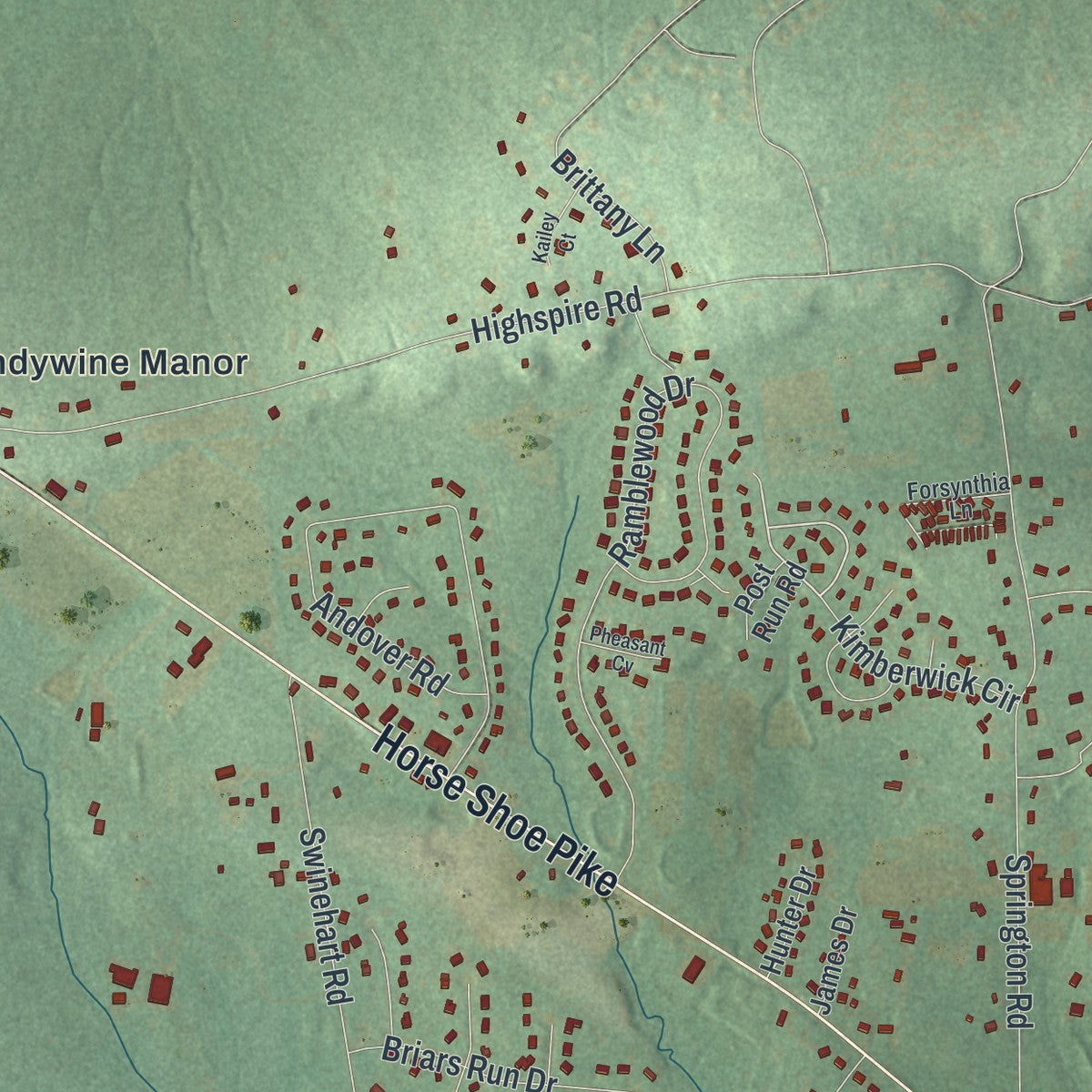 Second close-up of the map of West Brandywine, Pennsylvania print showing more streets and buildings