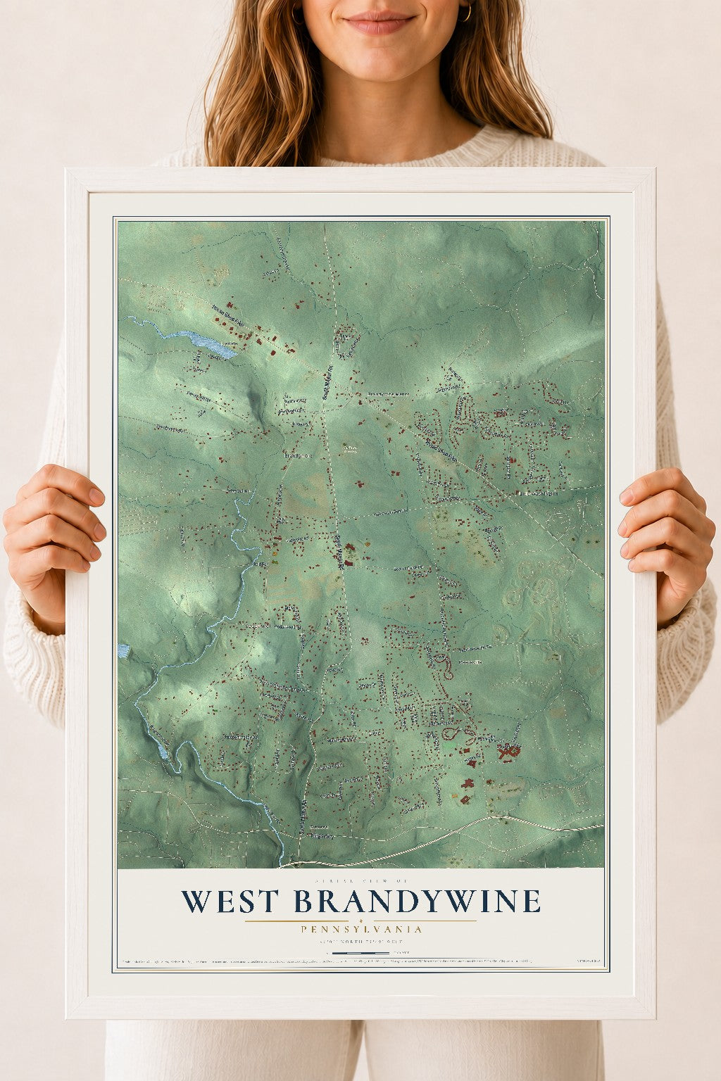 Map of West Brandywine, Pennsylvania, 18 x 24 inch print in a white wood frame