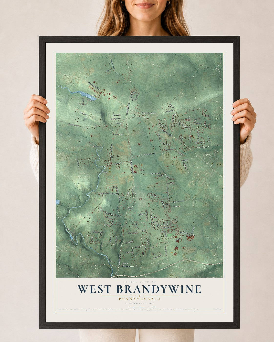 Map of West Brandywine, Pennsylvania, 24 x 36 inch print in a black wood frame