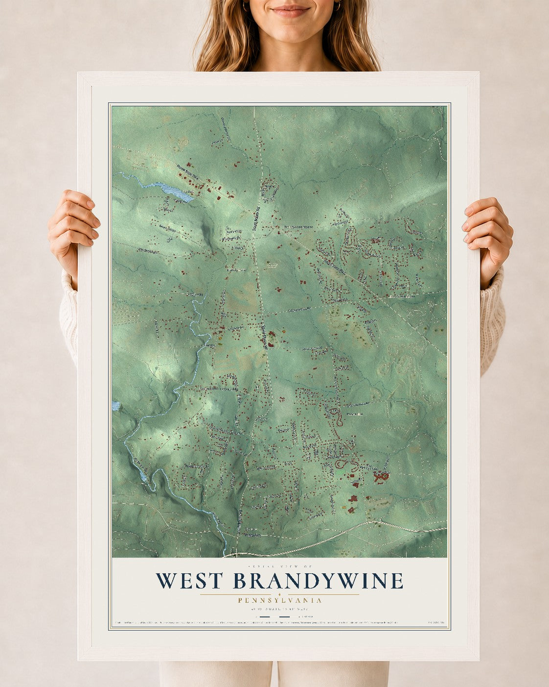 Map of West Brandywine, Pennsylvania, 24 x 36 inch print in a white wood frame