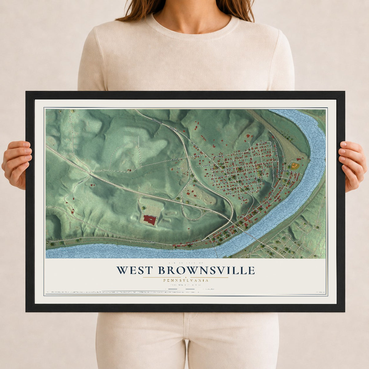 Map of West Brownsville, Pennsylvania, 12 x 18 inch print in a black wood frame