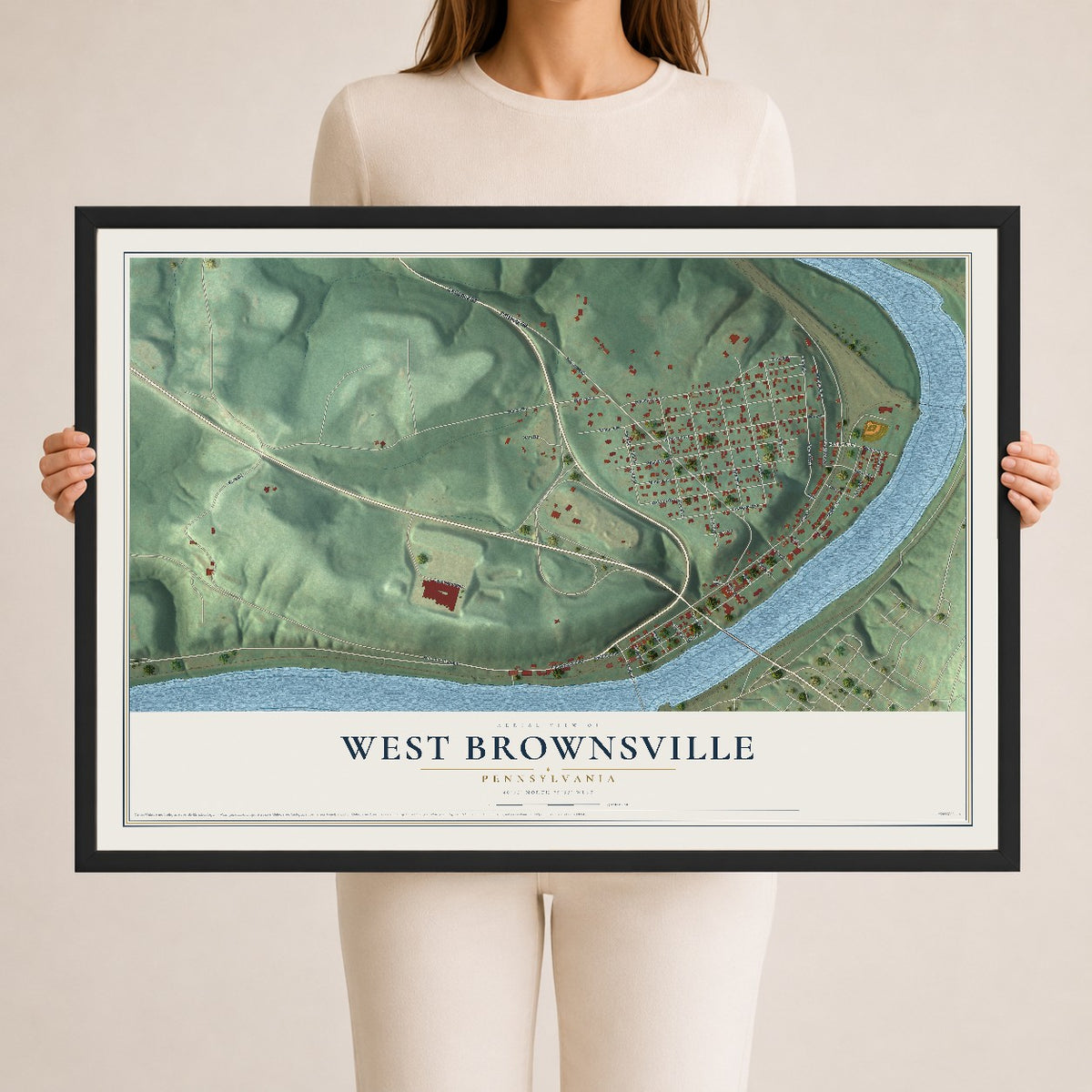 Map of West Brownsville, Pennsylvania, 24 x 36 inch print in a black wood frame