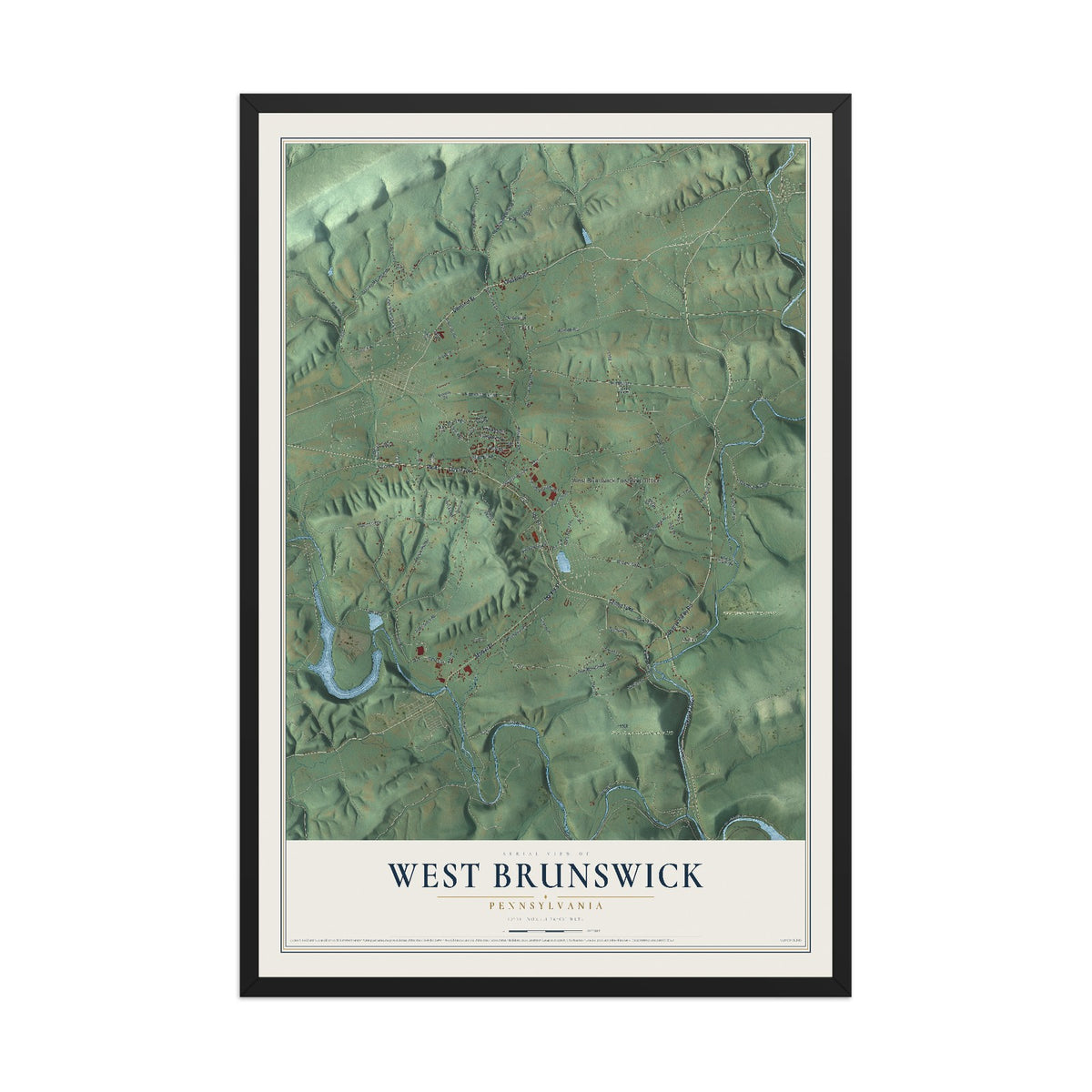 Map of West Brunswick, Pennsylvania, 12 x 18 inch print in a black wood frame