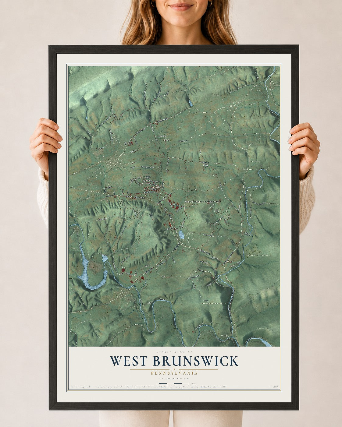 Map of West Brunswick, Pennsylvania, 24 x 36 inch print in a black wood frame