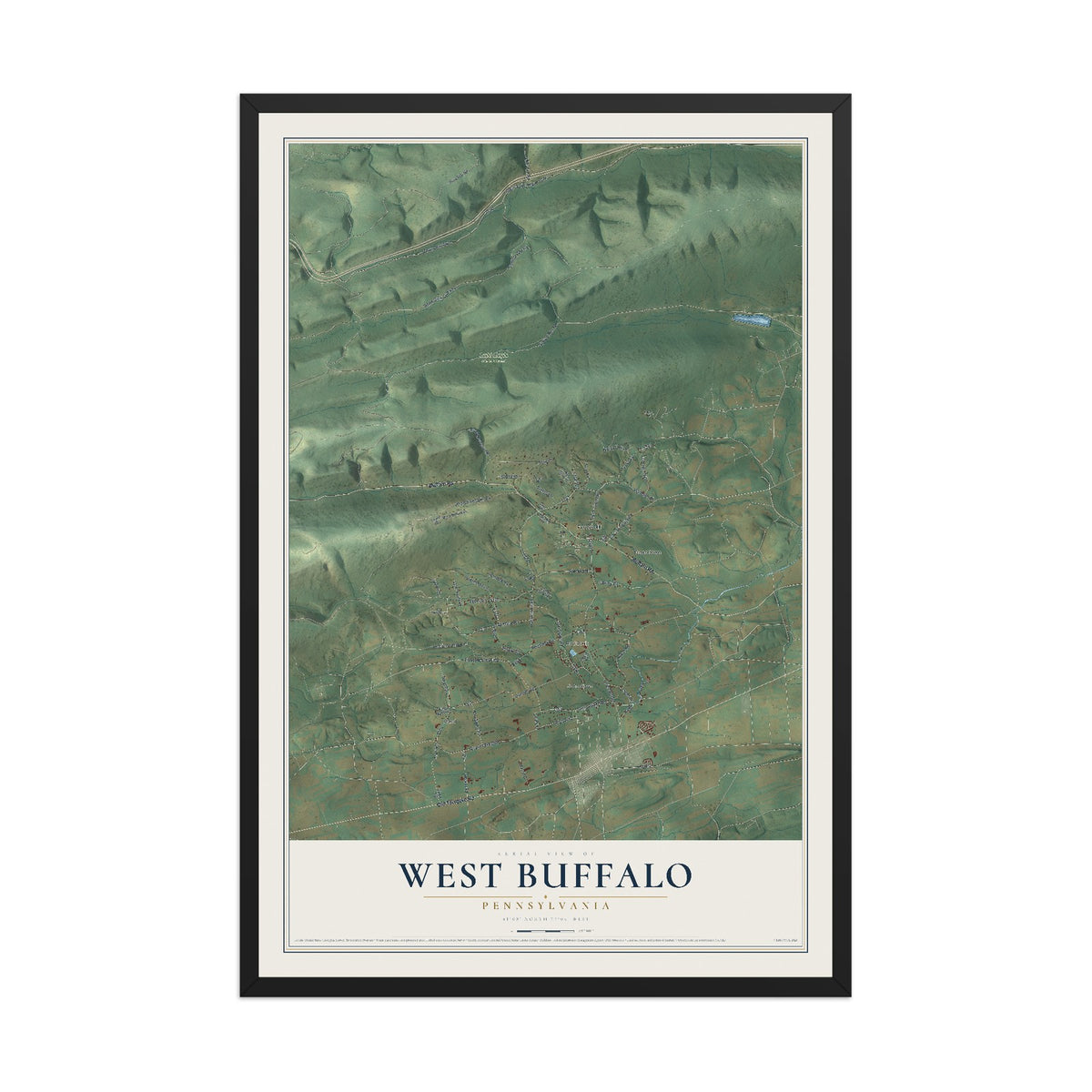 Map of West Buffalo, Pennsylvania, 12 x 18 inch print in a black wood frame